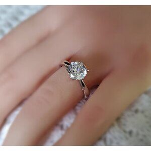 Round Solitaire Diamond Simulant, Sterling Silver Ring, Engagement Ring Sz. 8